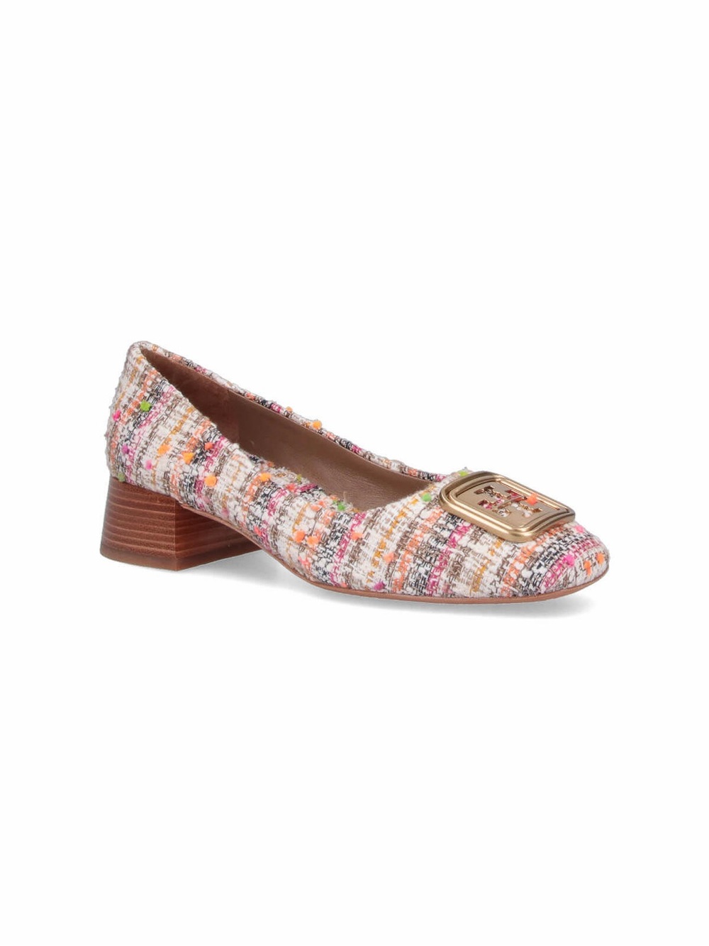 Tory Burch Georgia Multicolor Tweed Low Block Heel Pump w Medallion